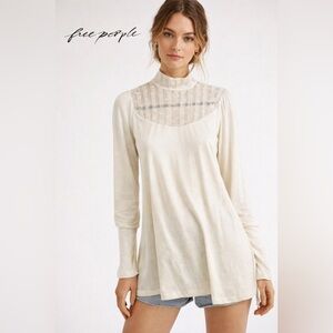 Amazing Free People Cream Pleated Blouse with Mandarin Collar Medium